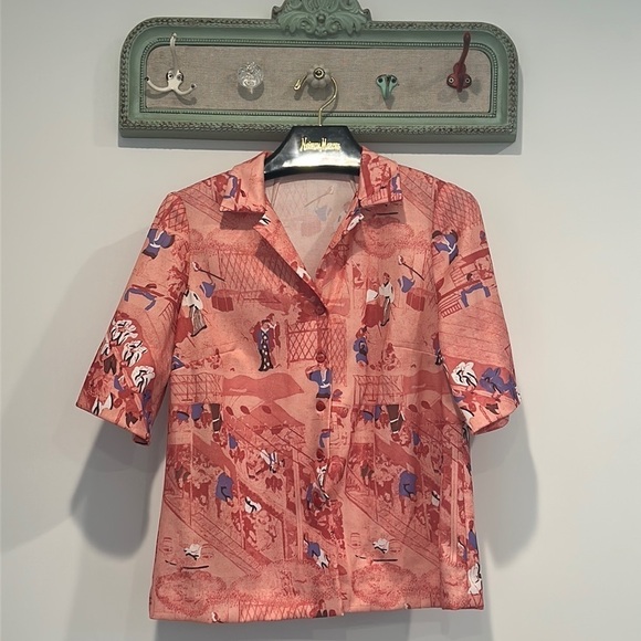 Vintage 1960s handmade short sleeve button down shirt pink print Japan large - Picture 1 of 6